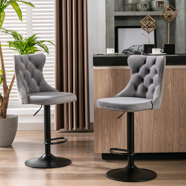 English Elm A&A Swivel Velvet Barstool with Tufted Back, Hand-Hemmed Detail, Riveted Trim, Sturdy 17.7" Base Gray W114341203