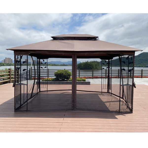 English Elm 13x10 Steel Frame Outdoor Gazebo with Double Roof Ventilation and Mesh Net Panels W41942173