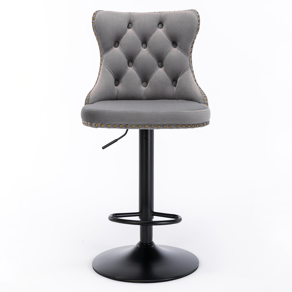 English Elm A&A Swivel Velvet Barstool with Tufted Back, Hand-Hemmed Detail, Riveted Trim, Sturdy 17.7" Base Gray W114341203