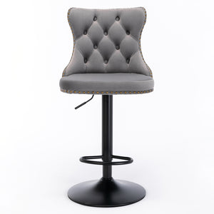 English Elm A&A Swivel Velvet Barstool with Tufted Back, Hand-Hemmed Detail, Riveted Trim, Sturdy 17.7" Base Gray W114341203