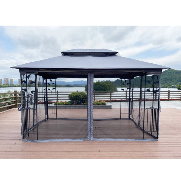 English Elm 13x10 Steel Frame Outdoor Gazebo with Double Roof Ventilation and Mesh Net Panels W41942174