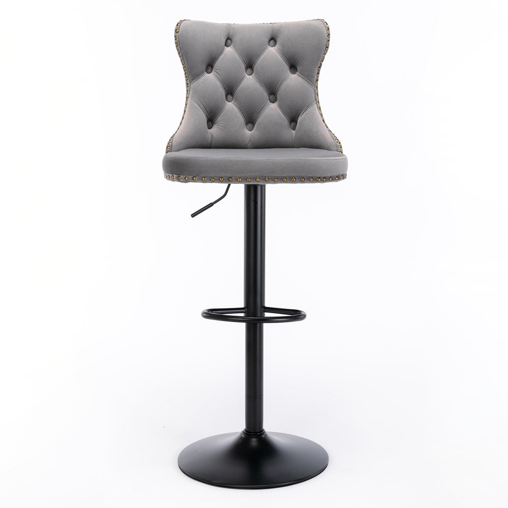 English Elm A&A Swivel Velvet Barstool with Tufted Back, Hand-Hemmed Detail, Riveted Trim, Sturdy 17.7" Base Gray W114341203