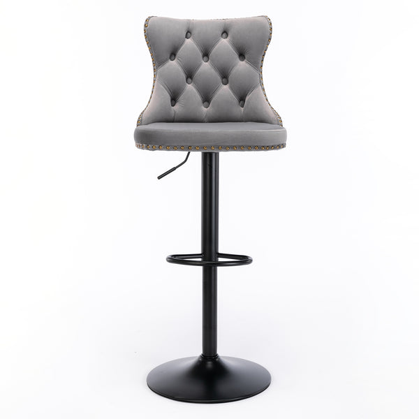 English Elm A&A Swivel Velvet Barstool with Tufted Back, Hand-Hemmed Detail, Riveted Trim, Sturdy 17.7" Base Gray W114341203