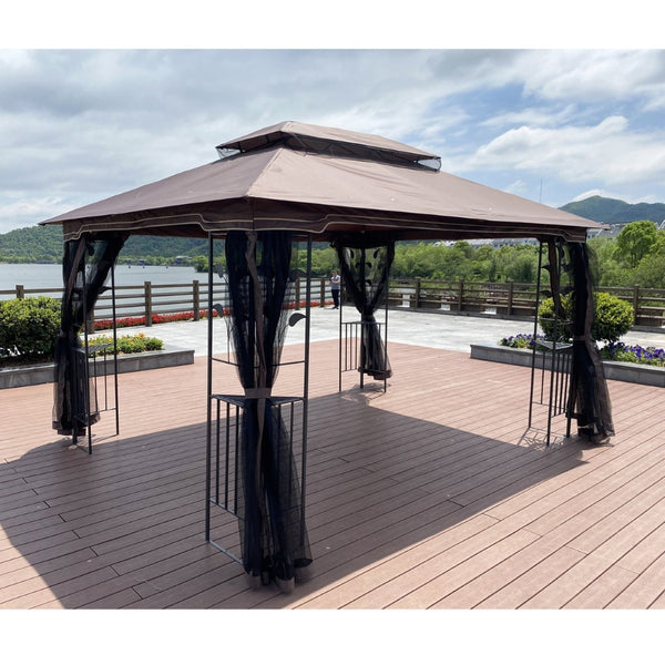 English Elm 13x10 Steel Frame Outdoor Gazebo with Double Roof Ventilation and Mesh Net Panels W41942173