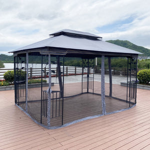 English Elm 13x10 Steel Frame Outdoor Gazebo with Double Roof Ventilation and Mesh Net Panels W41942174