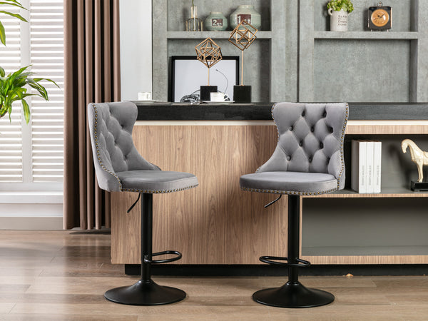 English Elm A&A Handcrafted Velvet Swivel Barstools Adjustable 25–33" Height Tufted Back with Rivets Gray W114341203