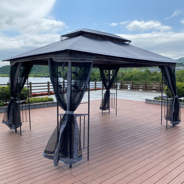 English Elm 13x10 Steel Frame Outdoor Gazebo with Double Roof Ventilation and Mesh Net Panels W41942174