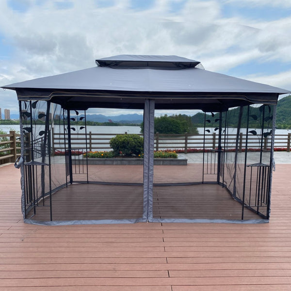English Elm 13x10 Steel Frame Outdoor Gazebo with Double Roof Ventilation and Mesh Net Panels W41942174