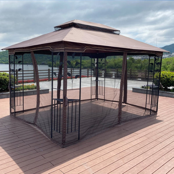 English Elm 13x10 Steel Frame Outdoor Gazebo with Double Roof Ventilation and Mesh Net Panels W41942173