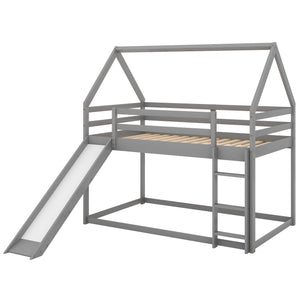 English Elm Twin House Bunk Bed with Slide and Ladder for Kids - Pine & MDF Sturdy Design, Guardrails, Playful Loft Retreat Gray WF285894AAE