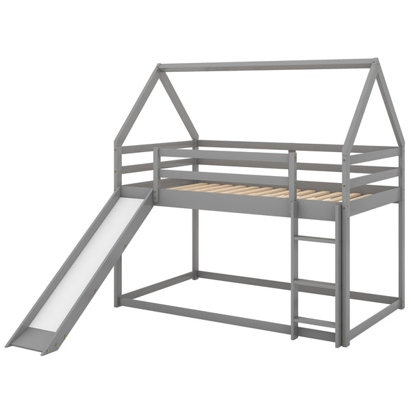 English Elm Twin House Bunk Bed with Slide and Ladder for Kids - Pine & MDF Sturdy Design, Guardrails, Playful Loft Retreat Gray WF285894AAE