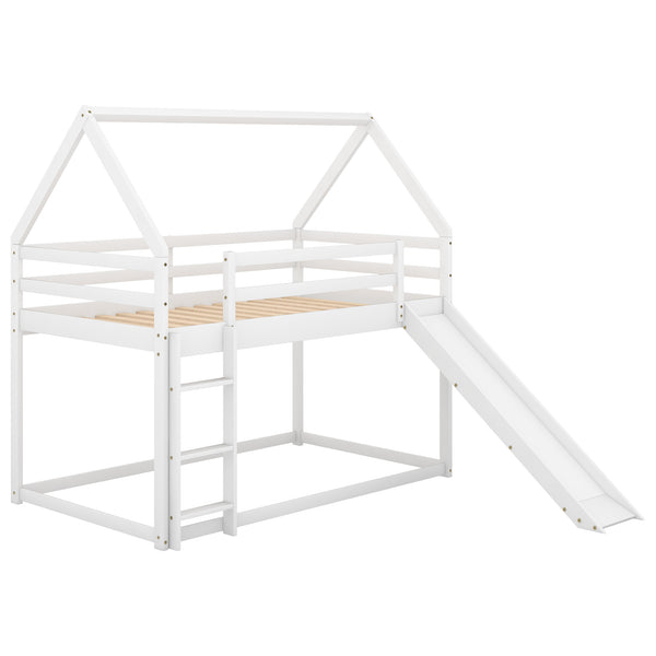 English Elm Twin House Bunk Bed with Slide and Ladder for Kids - Pine & MDF Sturdy Design, Guardrails, Playful Loft Retreat White WF285894AAK