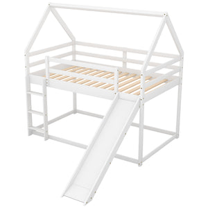 English Elm Twin House Bunk Bed with Slide and Ladder for Kids - Pine & MDF Sturdy Design, Guardrails, Playful Loft Retreat White WF285894AAK