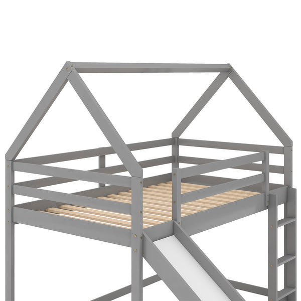English Elm Twin House Bunk Bed with Slide and Ladder for Kids - Pine & MDF Sturdy Design, Guardrails, Playful Loft Retreat Gray WF285894AAE