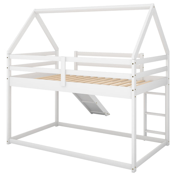 English Elm Twin House Bunk Bed with Slide and Ladder for Kids - Pine & MDF Sturdy Design, Guardrails, Playful Loft Retreat White WF285894AAK