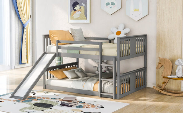 English Elm Full Over Kids Bunk Bed with Built-in Slide Ladder Pine Frame Gray Finish LT100208AAE