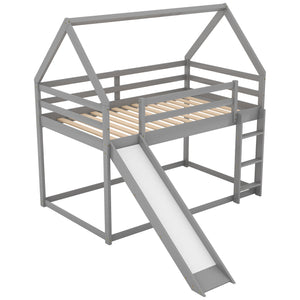 English Elm Twin House Bunk Bed with Slide and Ladder for Kids - Pine & MDF Sturdy Design, Guardrails, Playful Loft Retreat Gray WF285894AAE