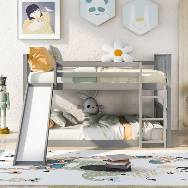 English Elm Full Over Kids Bunk Bed with Built-in Slide Ladder Pine Frame Gray Finish LT100208AAE