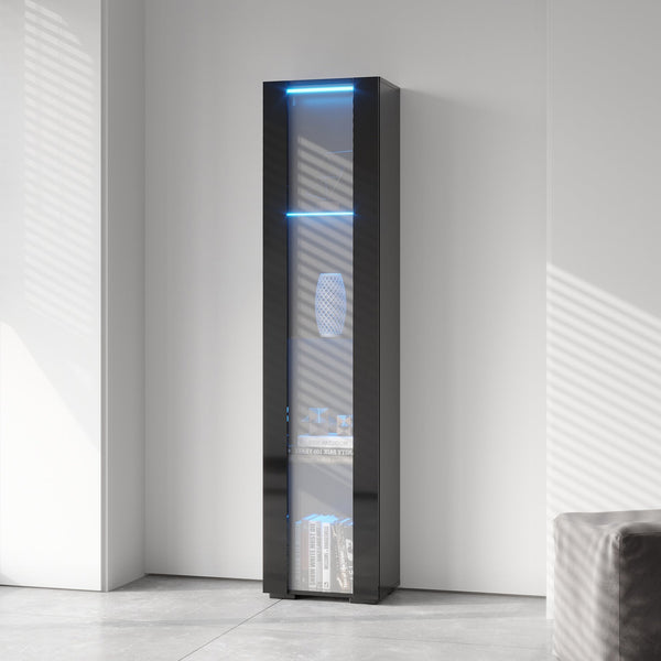 English Elm Black Side Cabinet with Aluminum LED Strip Lamps, Tall 170cm Storage Unit, Melamine Finish, Modern Design W33140088