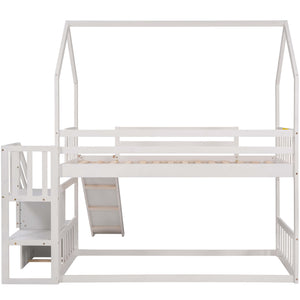 English Elm Twin House Bunk Bed with Slide and Storage Staircase, Pine/MDF Construction, Space-Saving Playful Design White GX000707AAK