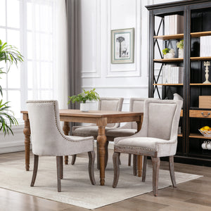 English Elm A&A Modern Side Dining Chair with Thick Upholstery, Neutral Solid Wood Legs and Bronze Nail Trim Beige W114340528