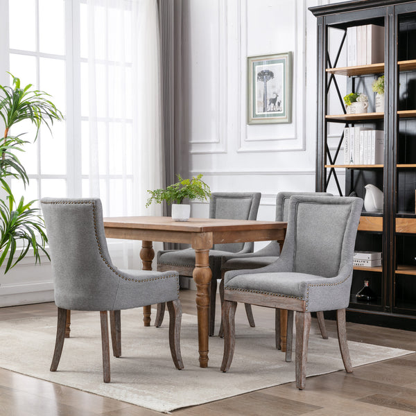 English Elm A&A Modern Side Dining Chair with Thick Upholstery, Neutral Solid Wood Legs and Bronze Nail Trim Gray W114340529