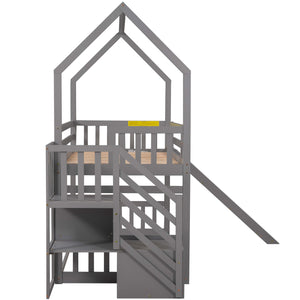 English Elm Twin House Bunk Bed with Slide and Storage Staircase, Pine/MDF Construction, Space-Saving Playful Design Gray GX000707AAE