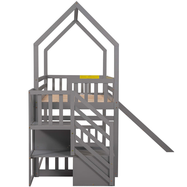 English Elm Twin House Bunk Bed with Slide and Storage Staircase, Pine/MDF Construction, Space-Saving Playful Design Gray GX000707AAE
