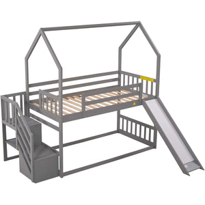 Hearth and Haven Kreeger Twin over Twin House Bunk Bed with Convertible Slide and Storage Staircase, Grey GX000707AAE