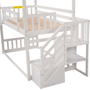 English Elm Twin House Bunk Bed with Slide and Storage Staircase, Pine/MDF Construction, Space-Saving Playful Design White GX000707AAK