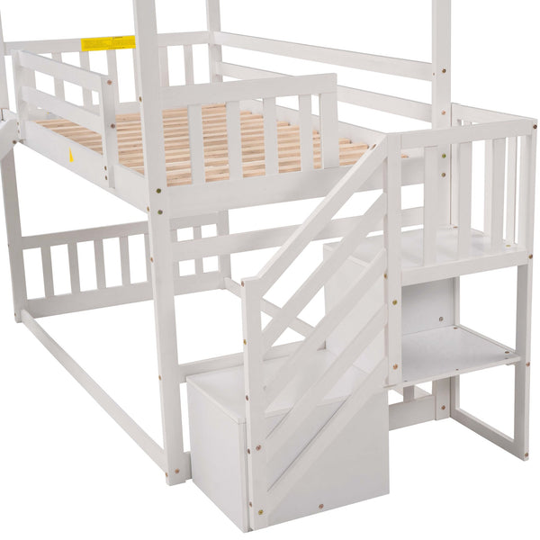 English Elm Twin House Bunk Bed with Slide and Storage Staircase, Pine/MDF Construction, Space-Saving Playful Design White GX000707AAK