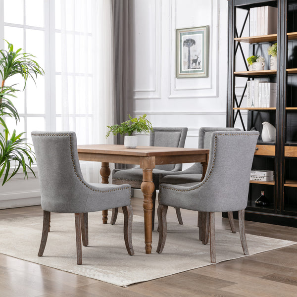 English Elm A&A Modern Side Dining Chair with Thick Upholstery, Neutral Solid Wood Legs and Bronze Nail Trim Gray W114340529