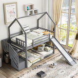 Hearth and Haven Kreeger Twin over Twin House Bunk Bed with Convertible Slide and Storage Staircase, Grey GX000707AAE