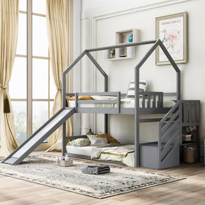 English Elm Twin House Bunk Bed with Slide and Storage Staircase, Pine/MDF Construction, Space-Saving Playful Design Gray GX000707AAE