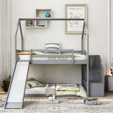 Hearth and Haven Kreeger Twin over Twin House Bunk Bed with Convertible Slide and Storage Staircase, Grey GX000707AAE