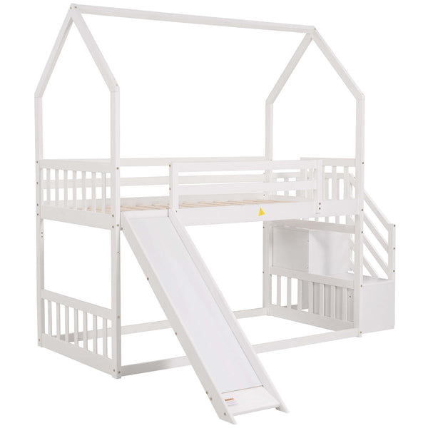 English Elm Twin House Bunk Bed with Slide and Storage Staircase, Pine/MDF Construction, Space-Saving Playful Design White GX000707AAK