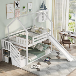 English Elm Twin House Bunk Bed with Slide and Storage Staircase, Pine/MDF Construction, Space-Saving Playful Design White GX000707AAK