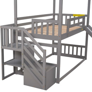 English Elm Twin House Bunk Bed with Slide and Storage Staircase, Pine/MDF Construction, Space-Saving Playful Design Gray GX000707AAE