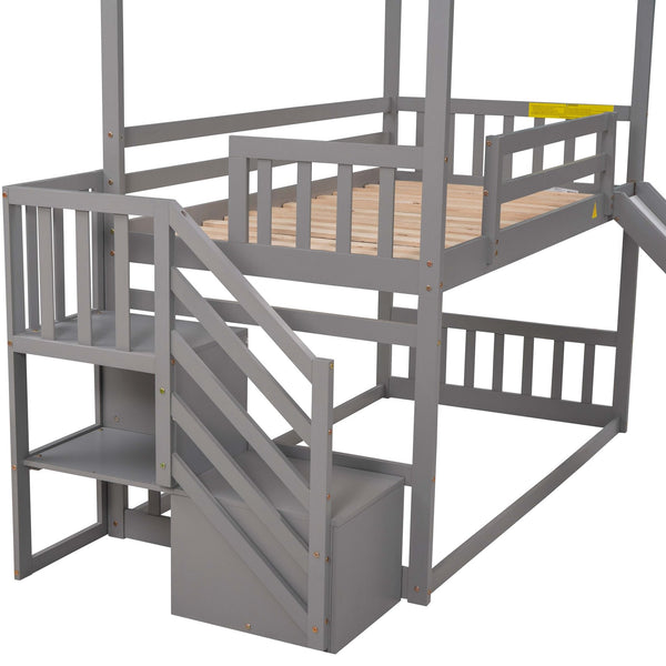 English Elm Twin House Bunk Bed with Slide and Storage Staircase, Pine/MDF Construction, Space-Saving Playful Design Gray GX000707AAE
