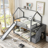 Hearth and Haven Kreeger Twin over Twin House Bunk Bed with Convertible Slide and Storage Staircase, Grey GX000707AAE