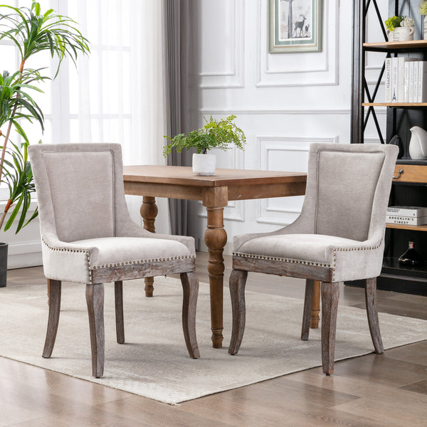English Elm A&A Modern Side Dining Chair with Thick Upholstery, Neutral Solid Wood Legs and Bronze Nail Trim Beige W114340528