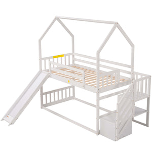 English Elm Twin House Bunk Bed with Slide and Storage Staircase, Pine/MDF Construction, Space-Saving Playful Design White GX000707AAK