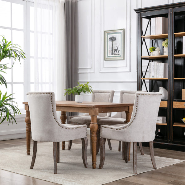 English Elm A&A Modern Side Dining Chair with Thick Upholstery, Neutral Solid Wood Legs and Bronze Nail Trim Beige W114340528