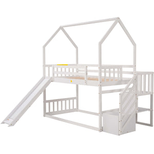 English Elm Twin House Bunk Bed with Slide and Storage Staircase, Pine/MDF Construction, Space-Saving Playful Design White GX000707AAK