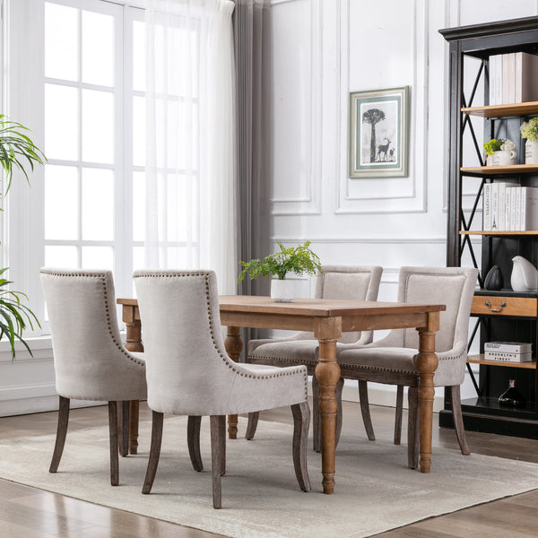 English Elm A&A Modern Side Dining Chair with Thick Upholstery, Neutral Solid Wood Legs and Bronze Nail Trim Beige W114340528