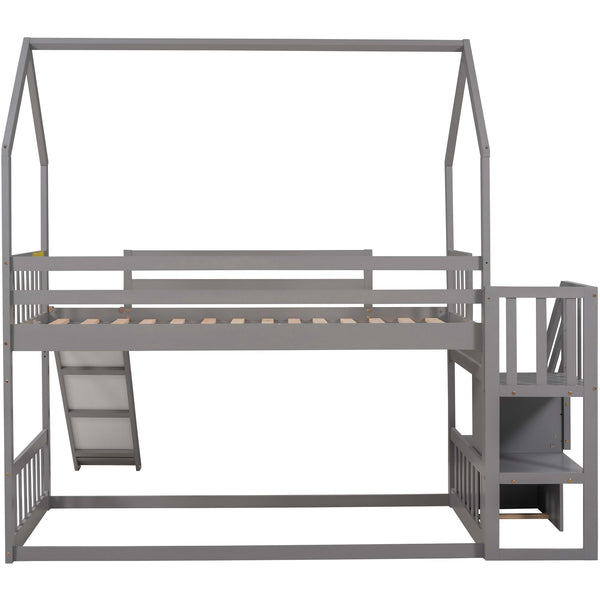 English Elm Twin House Bunk Bed with Slide and Storage Staircase, Pine/MDF Construction, Space-Saving Playful Design Gray GX000707AAE