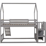 Hearth and Haven Kreeger Twin over Twin House Bunk Bed with Convertible Slide and Storage Staircase, Grey GX000707AAE