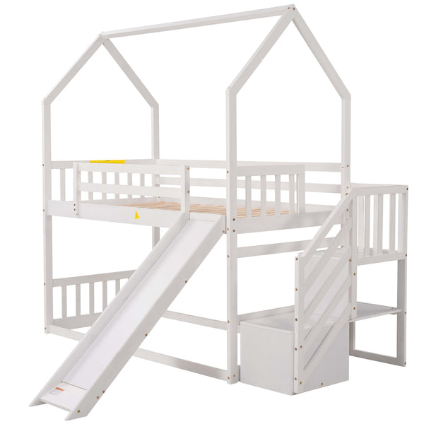English Elm Twin House Bunk Bed with Slide and Storage Staircase, Pine/MDF Construction, Space-Saving Playful Design White GX000707AAK