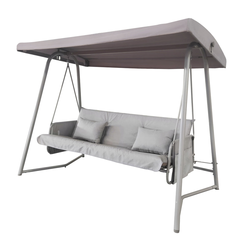 English Elm Outdoor 3 Seater Metal Swing Chair with Plush Cushion, Convertible Bed, Breathable Teslin Fabric Canopy Durable Suspension System Quiet Swing for Patio and Garden Comfort 3-Person Seating Champagne W400P149693
