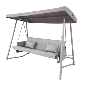 English Elm Outdoor 3 Seater Metal Swing Chair with Plush Cushion, Convertible Bed, Breathable Teslin Fabric Canopy Durable Suspension System Quiet Swing for Patio and Garden Comfort 3-Person Seating Champagne W400P149693